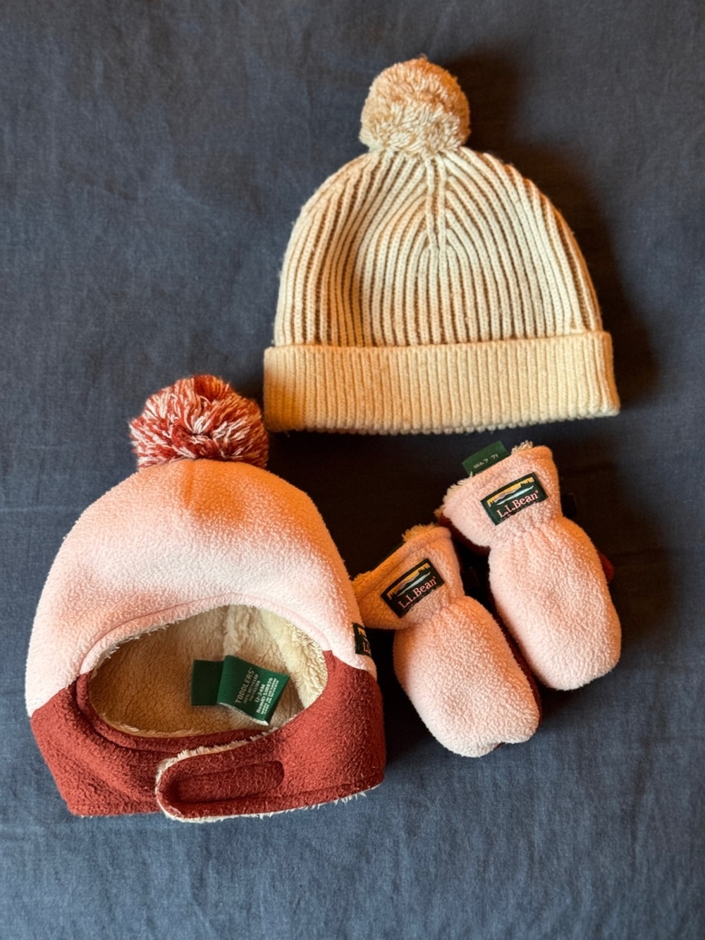 L.L. Bean Kids Pink and Cream Winter Hat & Mittens Set (12-24M)